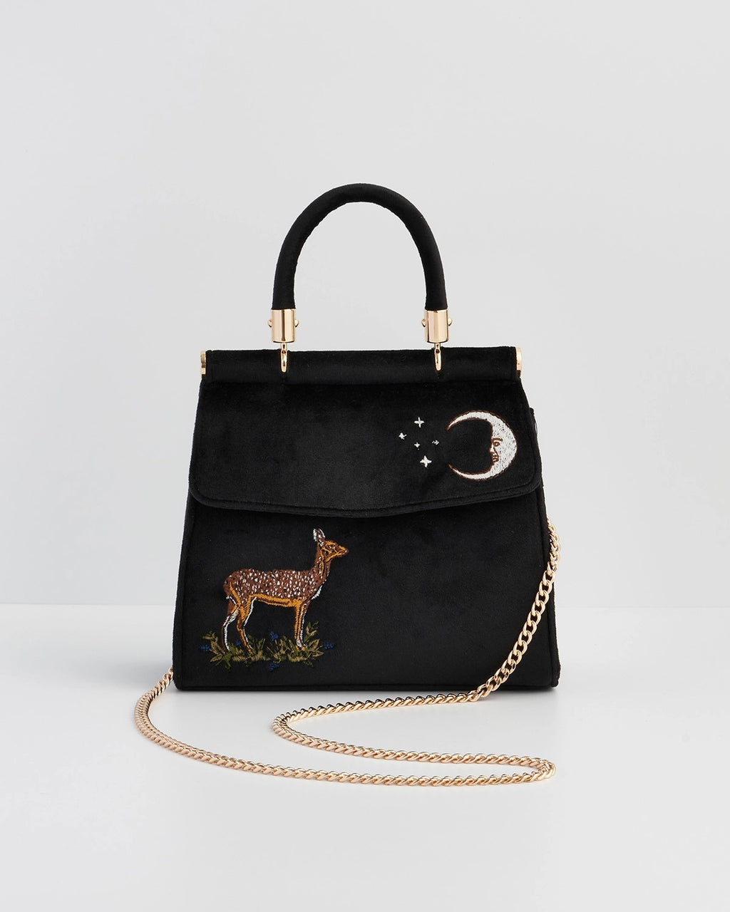 Fable England - Deer & Moon Embroidered Black Velvet Tote