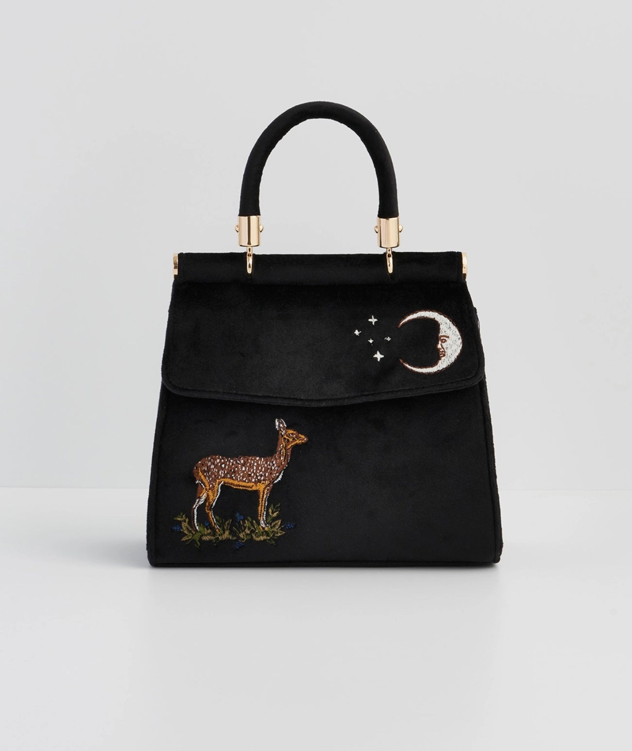 Fable England - Deer & Moon Embroidered Black Velvet Tote