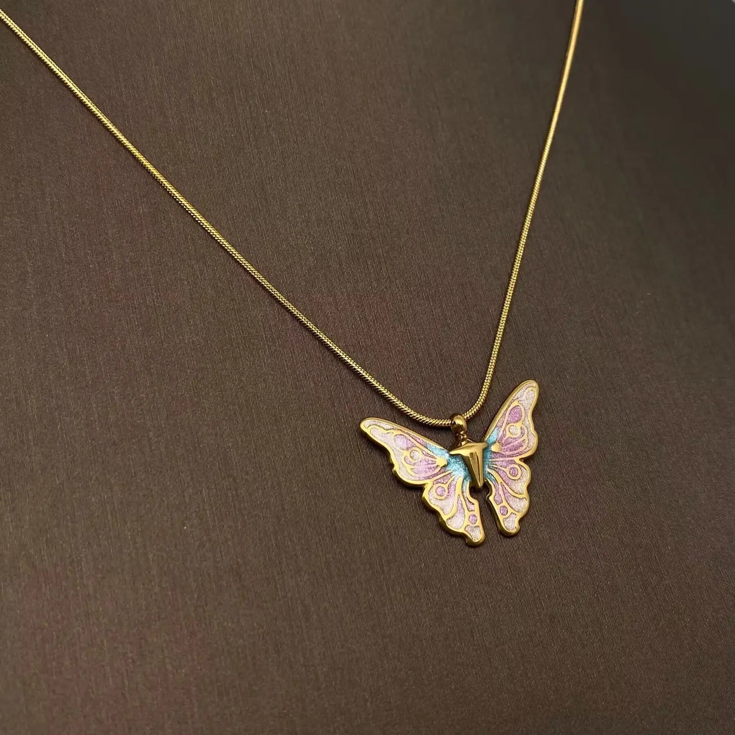 Enamel Butterfly Charm 18K Gold Plated S.Steel Necklace