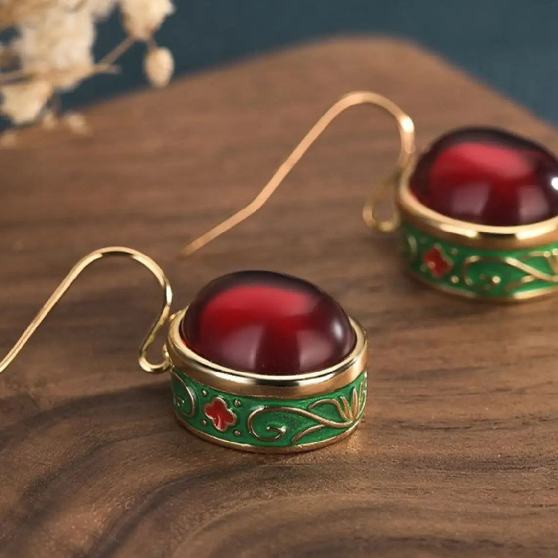 Enamel and Red Jade Earrings