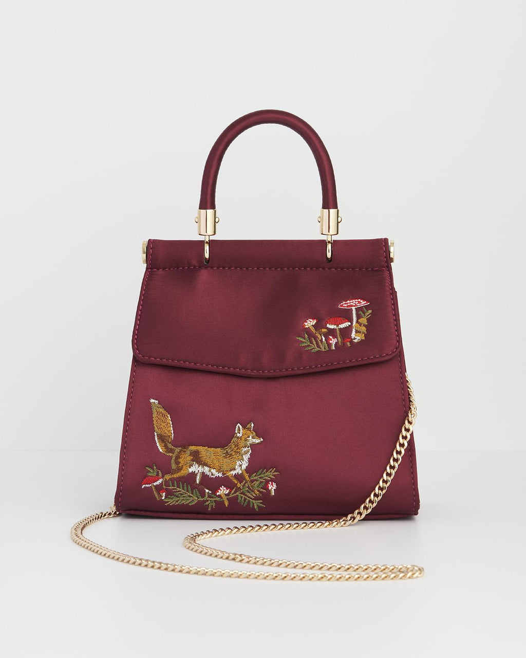 Fable England - Fox & Mushroom Embroidered Burgundy Satin Tote