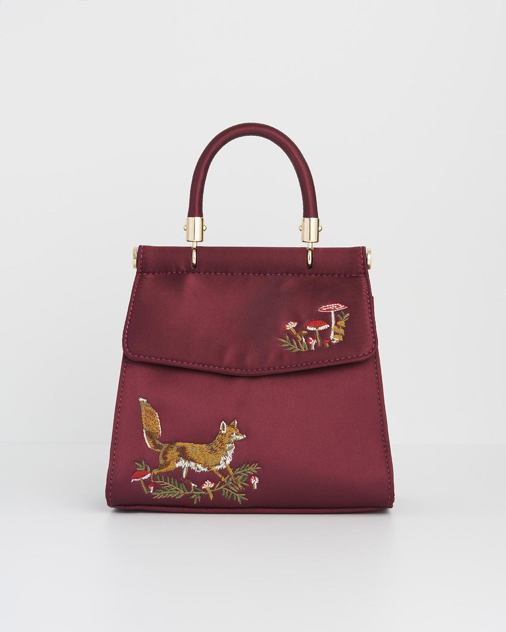 Fable England - Fox & Mushroom Embroidered Burgundy Satin Tote