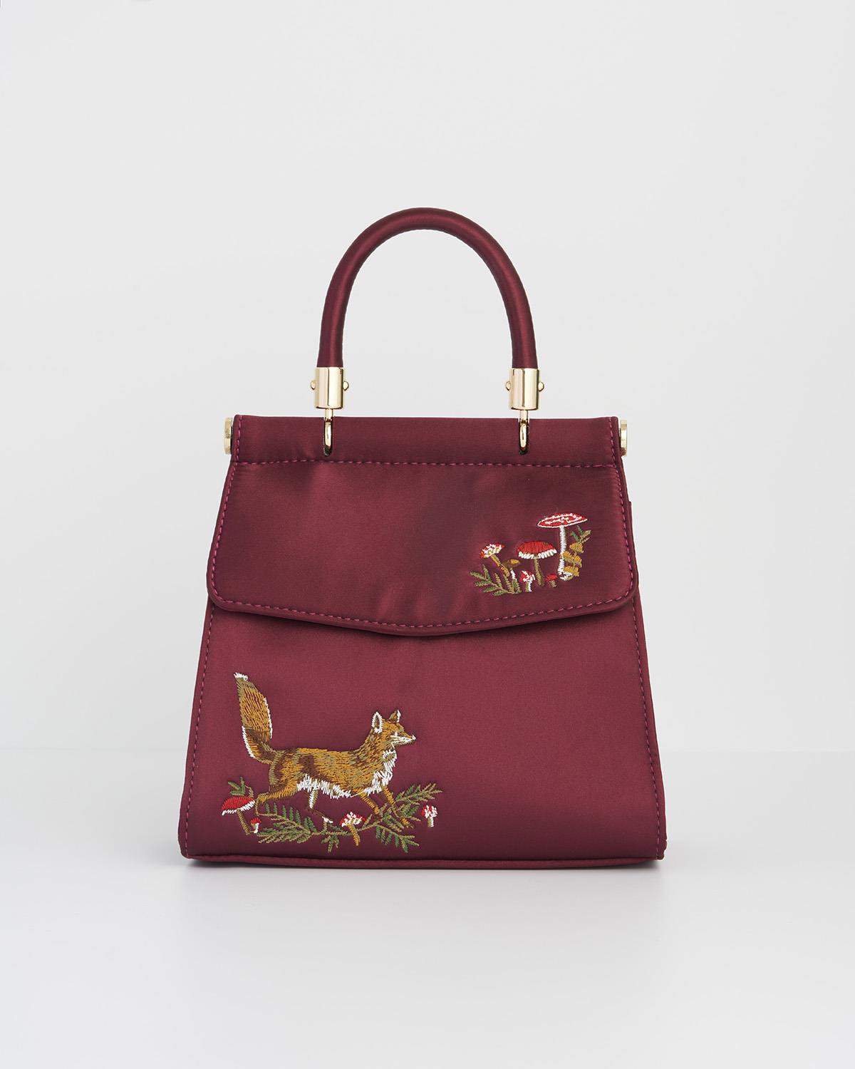 Fable England - Fox & Mushroom Embroidered Burgundy Satin Tote
