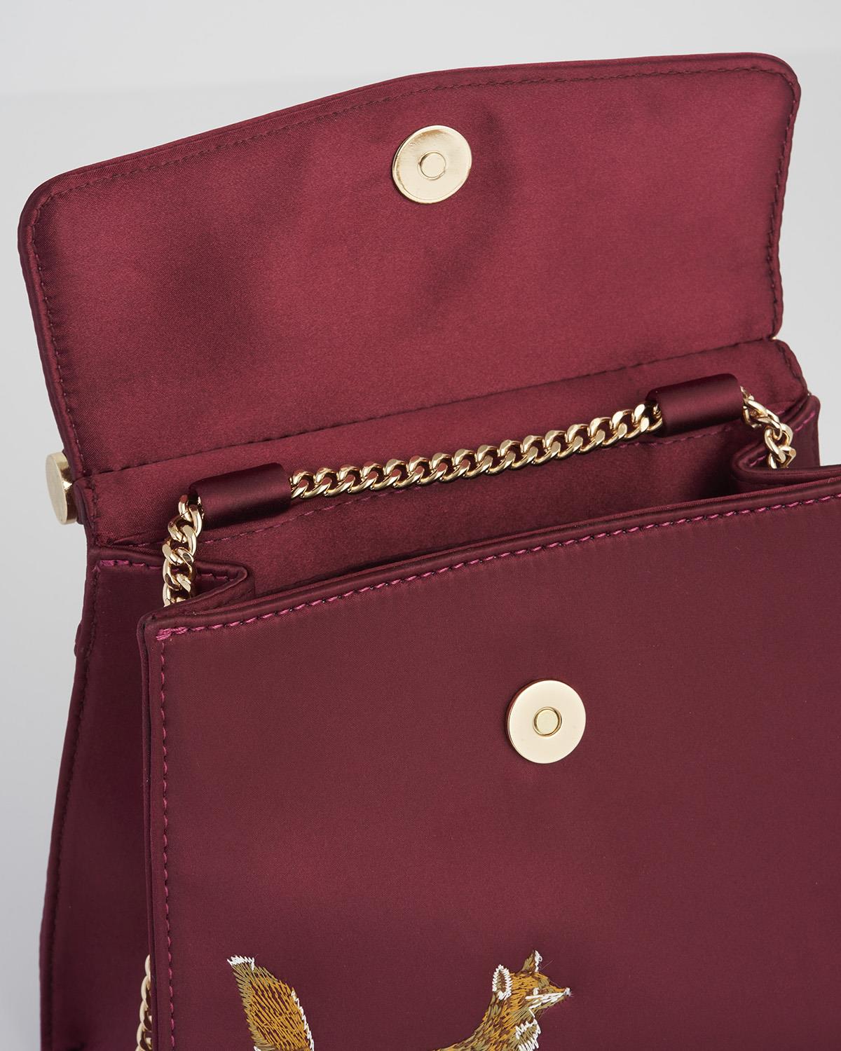 Fable England - Fox & Mushroom Embroidered Burgundy Satin Tote