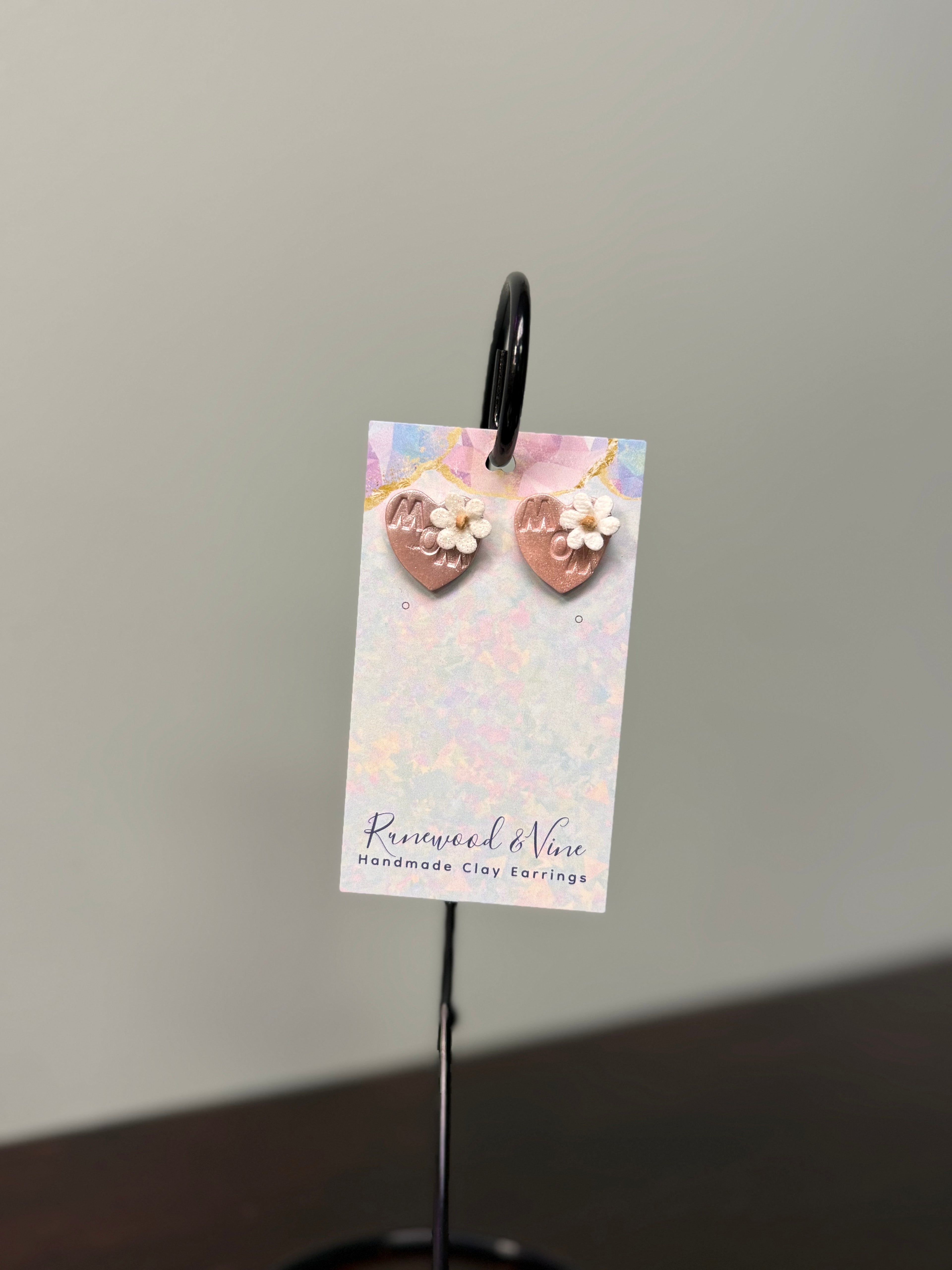 “Mom” Heart Studs - Runewood