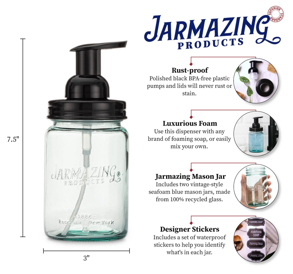 Jarmazing Blue Glass Mason Jar Foaming Dispenser - Holds 16 fl oz