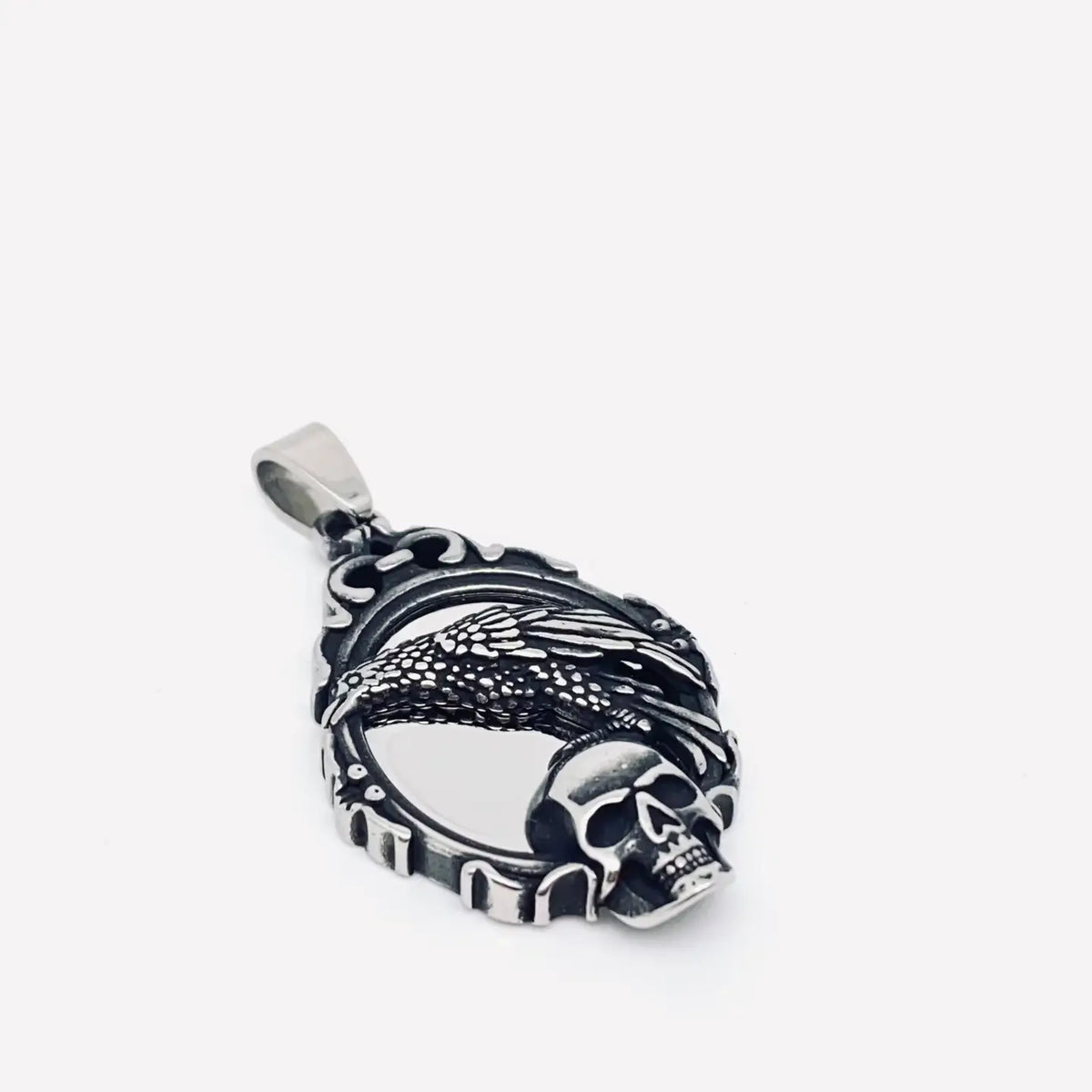 Magic Mirror Crow Standing On Skull Steel Necklace