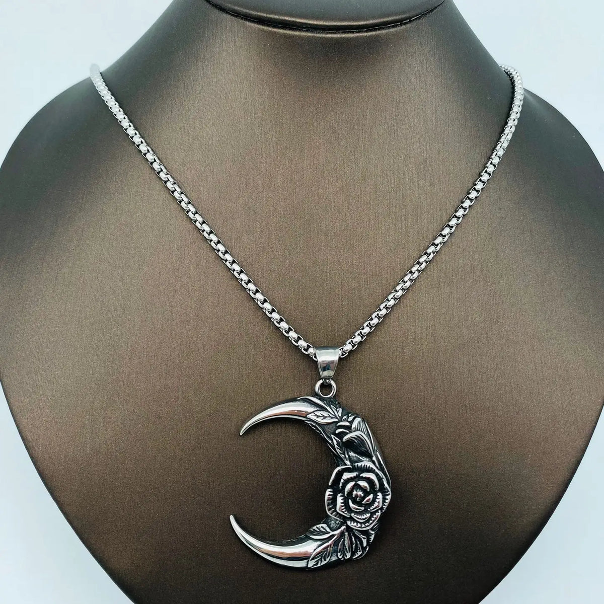Rose Crescent Moon Charm Stainless Steel Necklace