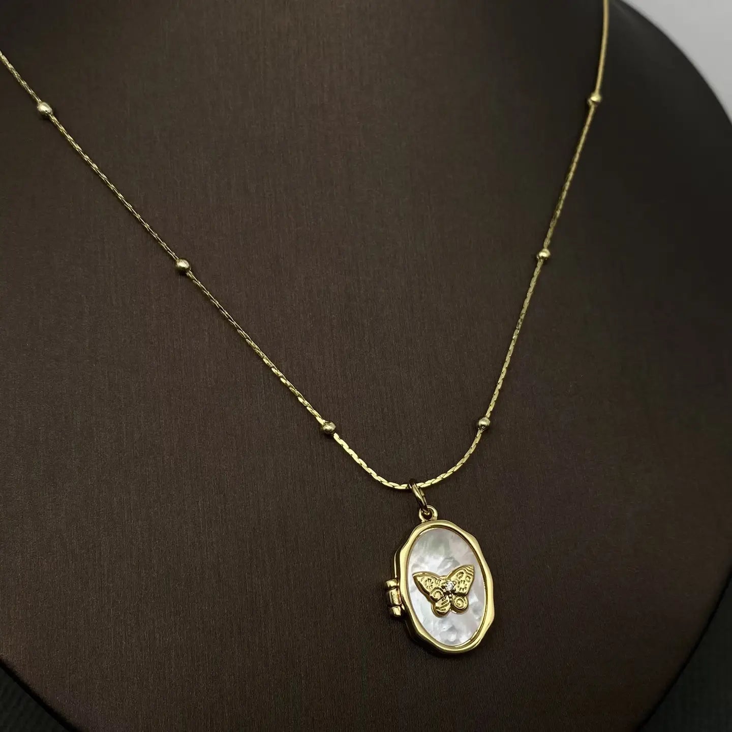 Shell Inlaid Butterfly Locket Charm Necklace