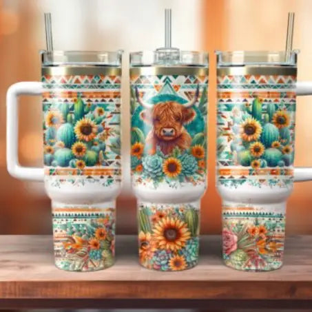Turquoise Aztec Highland Cow 40oz Tumbler