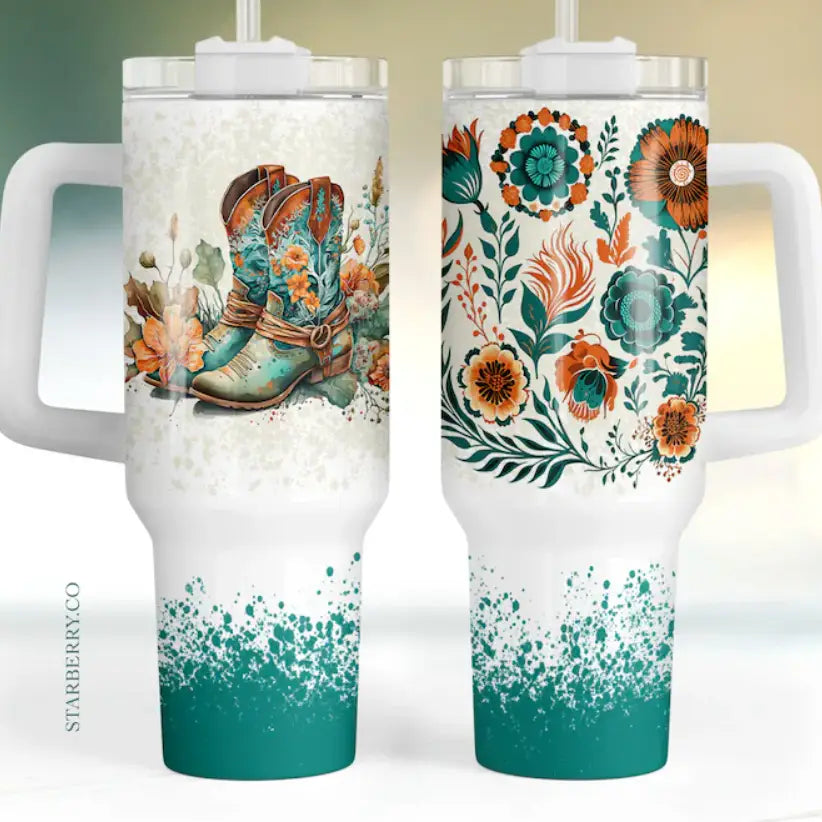 Turquoise Boots & Floral 40oz Tumbler