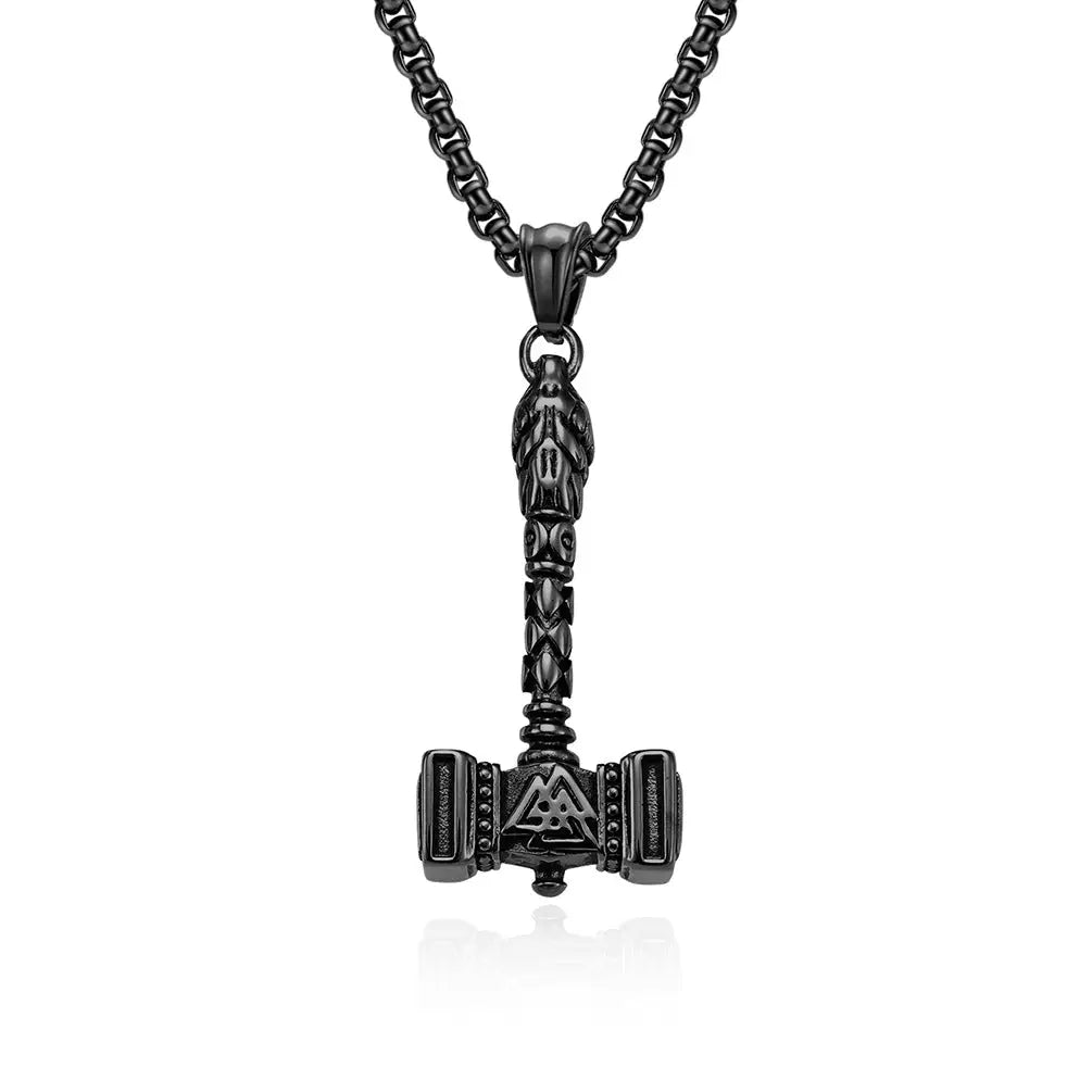 Valknut Hammer Titanium Steel Pendant Necklace - Black