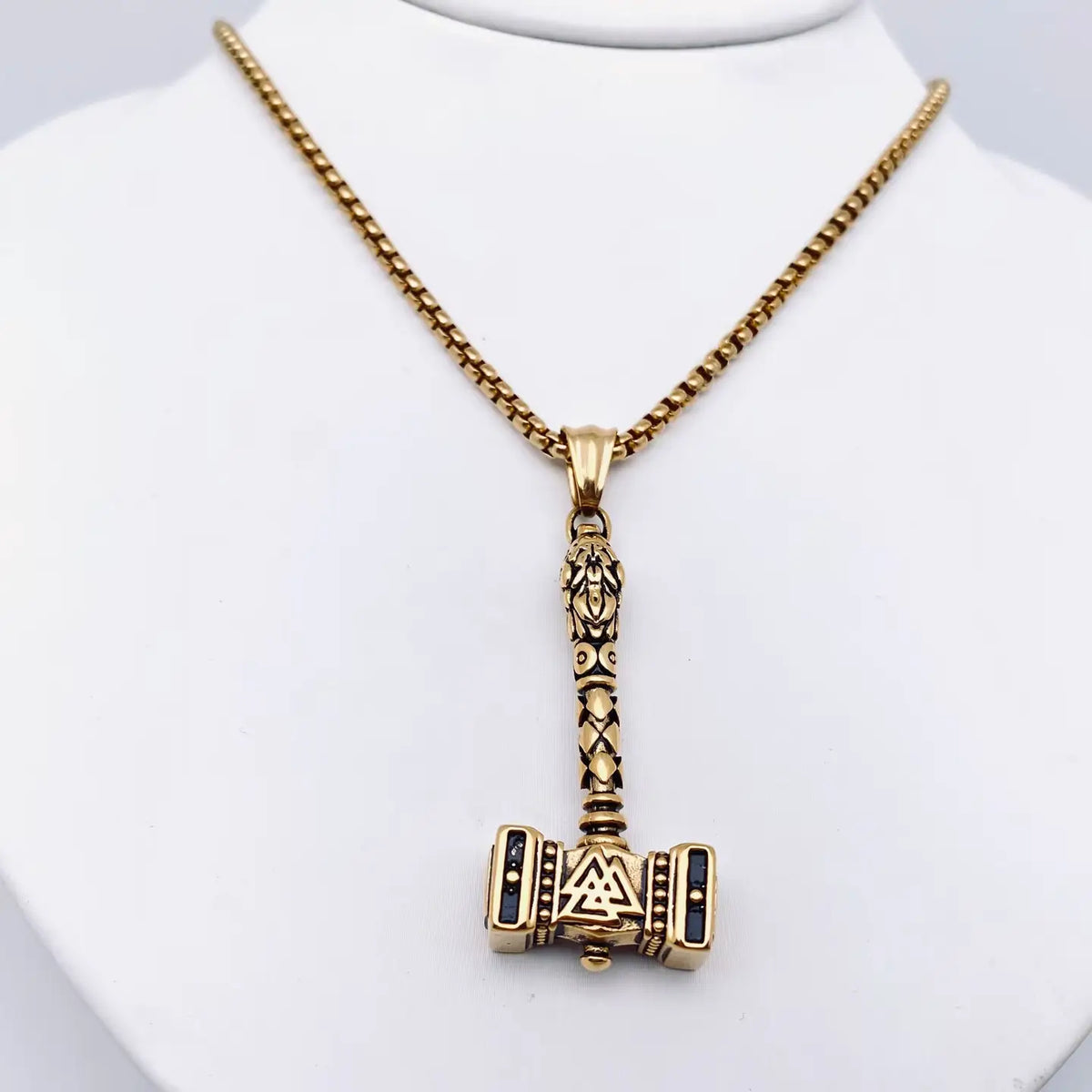 Valknut Hammer Titanium Steel Pendant Necklace - Gold
