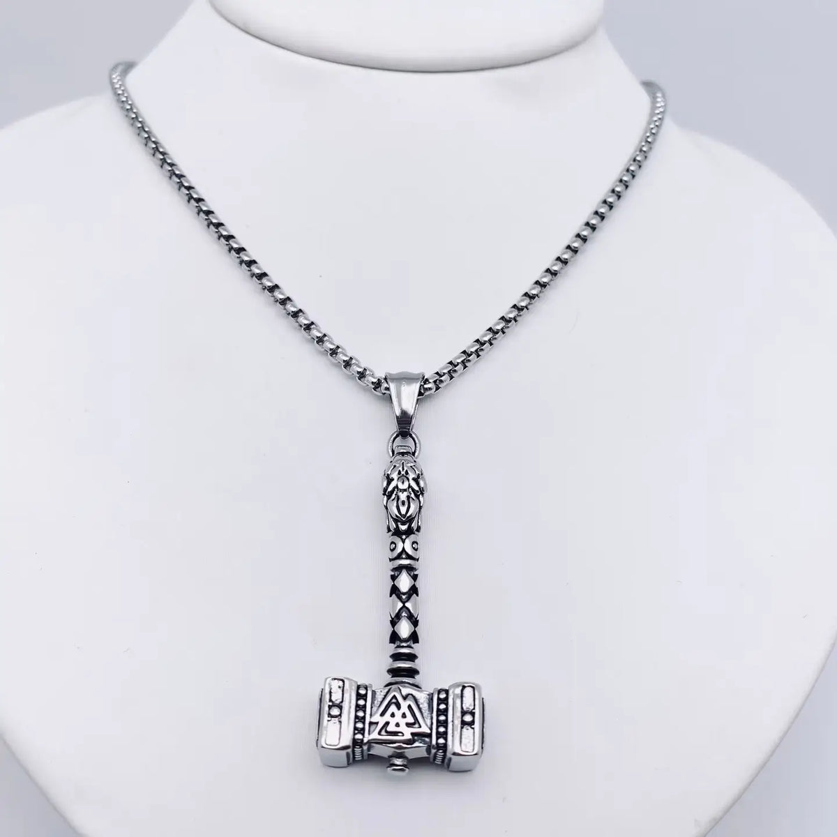 Valknut Hammer Titanium Steel Pendant Necklace - Silver