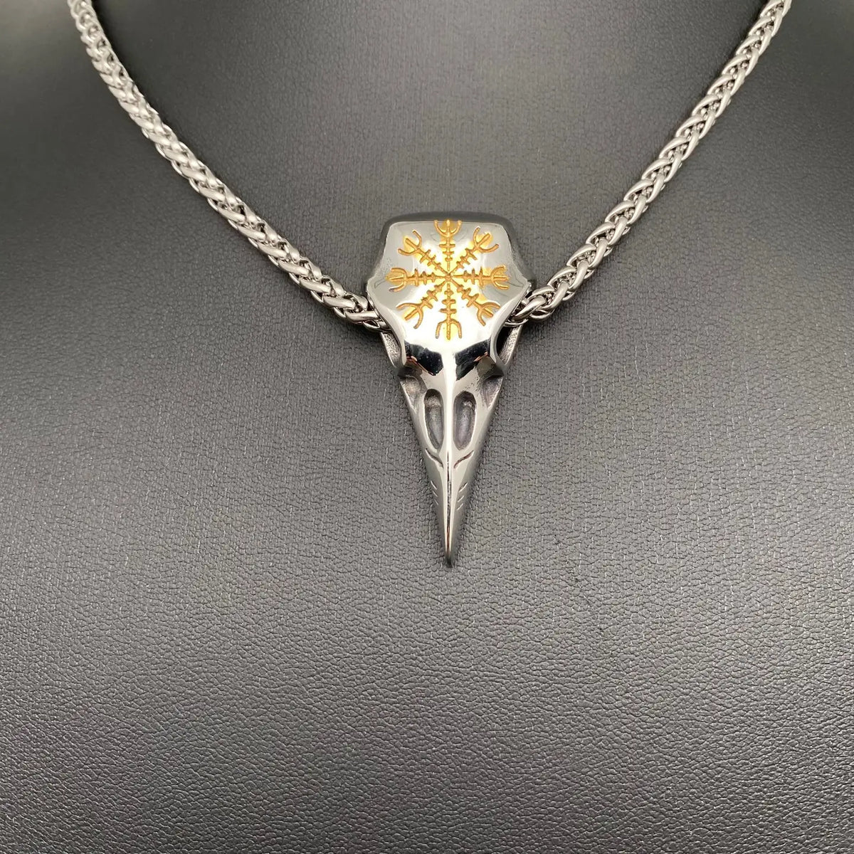 Viking Vegvisir Compass Crow Skull S.Steel Necklace - Gold