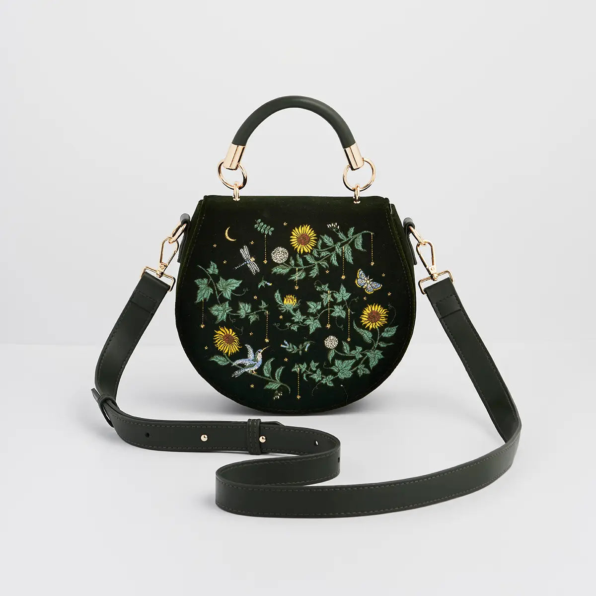 Sunflower Green Velvet Embroidered Top Handle Bag